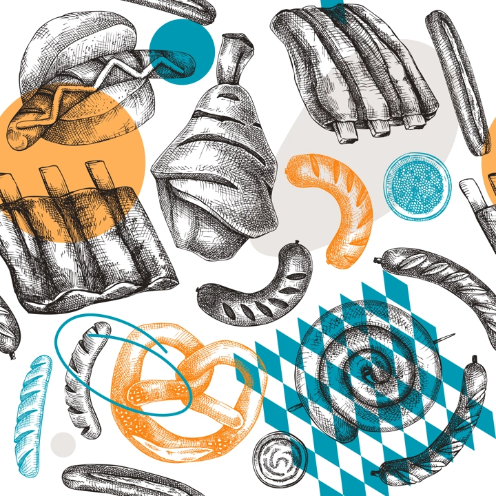 Oktoberfest background with grilled sausage, ribs and pork knuckles sketches. Hand-drawn fast food illustration. Barbeque party sketched design. German food seamless pattern in collage style.